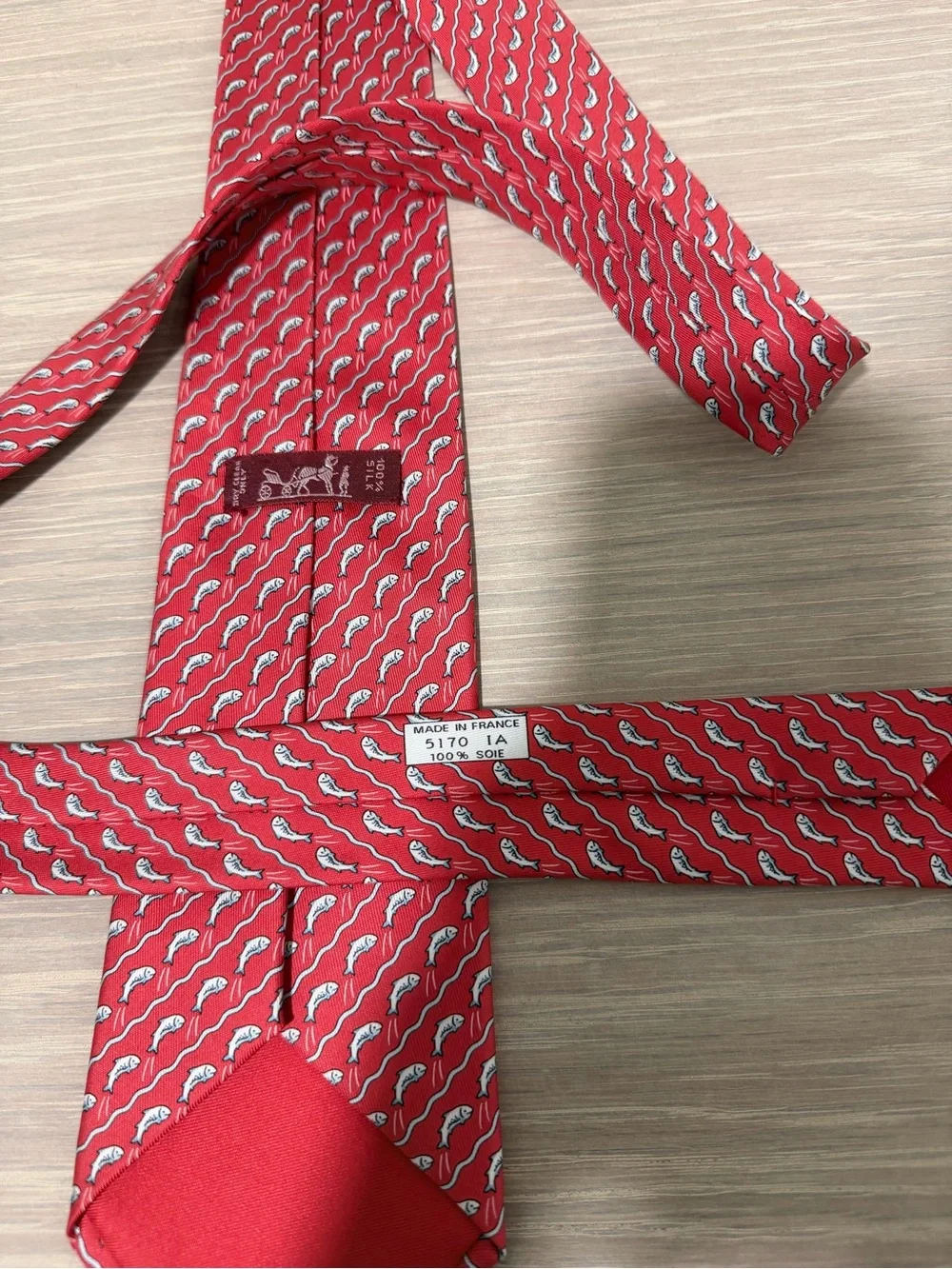 Vintage Hermès Paris Red Fish Print 100% Silk Men’s Tie France